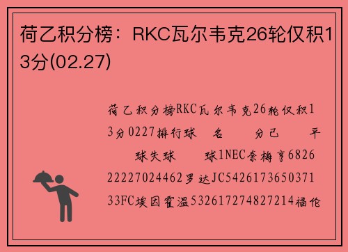 荷乙积分榜：RKC瓦尔韦克26轮仅积13分(02.27)