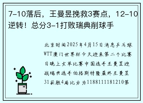 7-10落后，王曼昱挽救3赛点，12-10逆转！总分3-1打败瑞典削球手