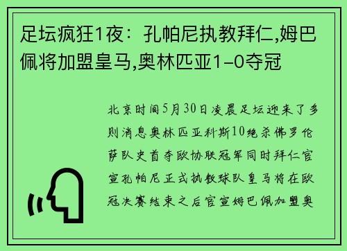 足坛疯狂1夜：孔帕尼执教拜仁,姆巴佩将加盟皇马,奥林匹亚1-0夺冠